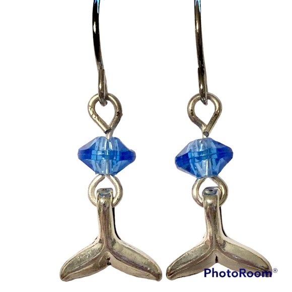 Silver Mermaid Whale Tail Earrings Blue Bead Plated Dangle Dainty Nautical - Picture 4 of 12